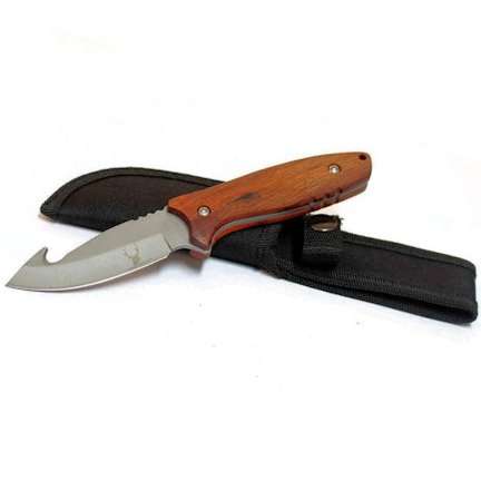 8 Inch Full Tang Knife W/ Wood Handle, Gut Hook, & Nylon Sheath