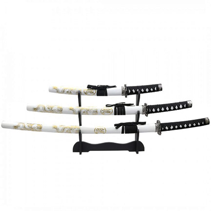 3pc White Dragon Samurai Sword Set Corbon Steel Blades with Stand Good Quality