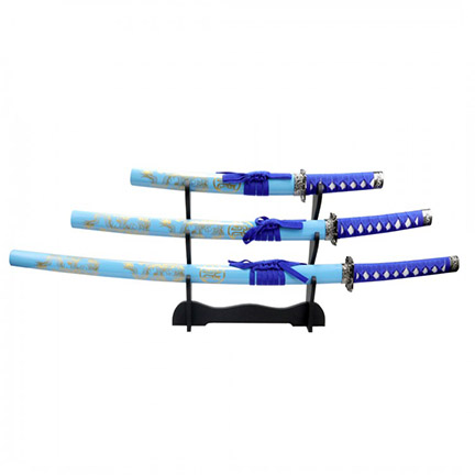 3pc Light Blue Dragon Sanurai Sword Set Corbon Steel Blades with Stand